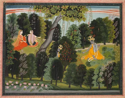 Sakhi persuades Radha to meet Krishna, from a Gita Govinda (Song of the Cowherd) of Jayadeva — Purkhu of Kangra