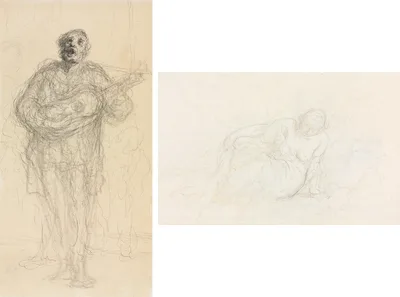 Singing Guitarist (recto); Reclining Woman Leaning on Her Arm (verso) — Honoré Daumier