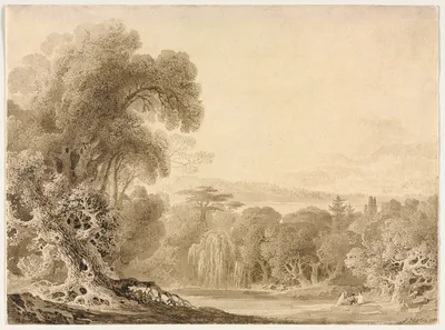 Figures Seated by a Lake in a Wooded Landscape — John Martin