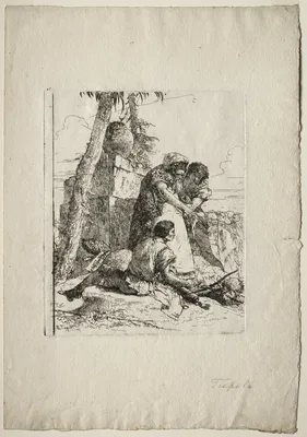 Scherzi di Fantasia: Magician Pointing Out a Burning Head to Two Youths — Giovanni Battista Tiepolo