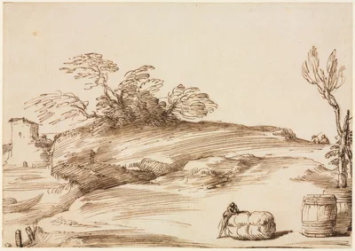 Landscape with a Man Leaning on a Bale — Guercino