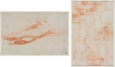 Study of a Fallen Soldier (possibly the Conversion of Saul) (recto); A Draped Female Figure (possibly an Amazon) and Architectural Studies (verso) — Antonio da Correggio