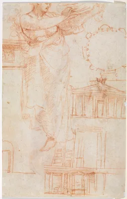 A Draped Female Figure (possibly an Amazon) and Architectural Studies (verso) — Antonio da Correggio