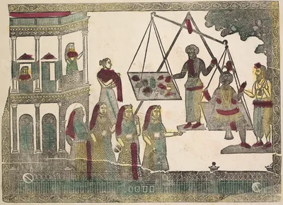 Krishna weighed against precious objects(?) (verso), from a Kalighat album — Shri Gobinda Chandra Roy