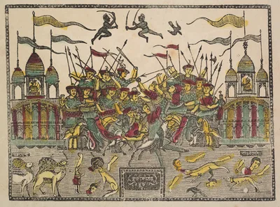 Battle Scene at Kurukshetra from the Mahabharata War (verso), from a Kalighat album — Shri Gobinda Chandra Roy