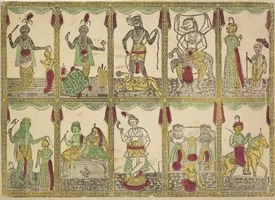 Das Avataras, Ten Incarnations of Vishnu (verso), from a Kalighat album — Shri Gobinda Chandra Roy