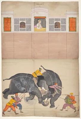 Two Elephants Fighting in a Courtyard Before Muhammad Shah — Nainsukh