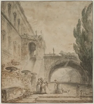A Palace with an Arched Bridge (A Roman Villa) — Hubert Robert