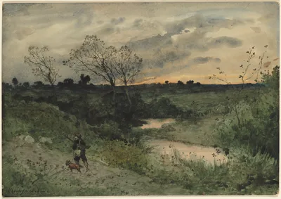 Dawn—Hunter with Dog — Henri Harpignies