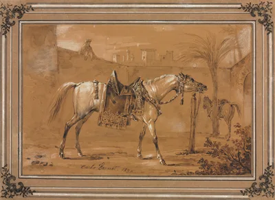 Saddled Arabian Horse in Courtyard — Carle Vernet