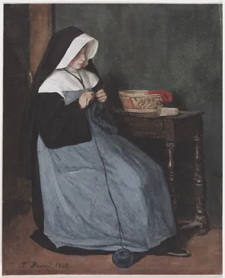 A Nun Seated at a Table Knitting — François Bonvin