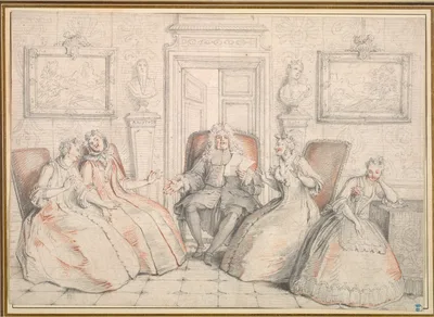 Trissotin Reading to Philaminte, Bélise, and Armande (from act 3, scene 2 of Molière's "Les Femmes Savantes" — Charles-Antoine Coypel