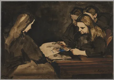 Four Girls Studying a Drawing — Augustin Théodule Ribot