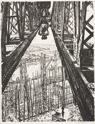 The Great War:  Britain's Efforts and Ideals; Building Ships:  A Shipyard Seen from a Big Crane — Muirhead Bone