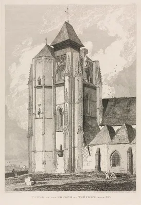 Architectural Antiquities of Normandy (Vol. II), Pl. 66:  Tower of the Church of Tréport, near Eu — John Sell Cotman