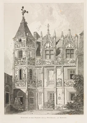 Architectural Antiquities of Normandy (Vol. II), Pl. 64:  House in the Place de la Pucelle, at Rouen — John Sell Cotman