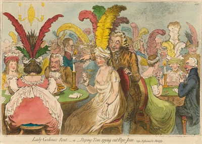 Lady Godina's Rout;-or-Peeping-Tom Spying out Pope-Joan — James Gillray