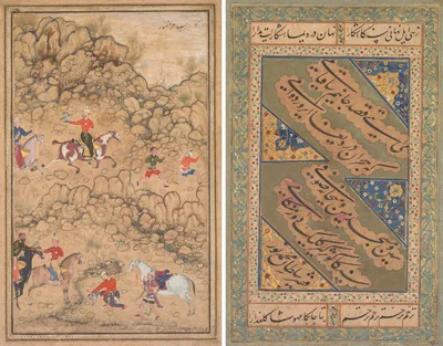 Hunting with falcons in a landscape; verso: Calligraphy of Chaghatai Turkish poems in praise of wine, Sultan Muhammad Nur (Persian, c. 1472–1536) and Mirza Muhammad (probably Persian, active c. 1520s) — Abd al-Samad