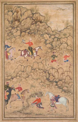Hunting with falcons in a landscape (recto) — Abd al-Samad