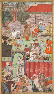 A feast for Babur hosted by his half-brother Jahangir Mirza in Ghazni in May 1505, from a Babur-nama (Memoirs of Babur) — Basawan