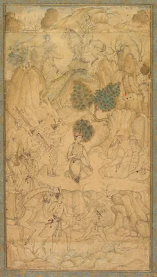 A prince visiting a holy man in a rocky landscape