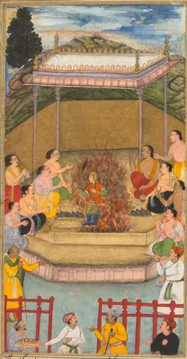 Yaja and Upayaja perform a sacrifice for the emergence of Dhrishtadyumna from the fire, from Adi-parva (volume one) of the Razm-nama (Book of Wars) adapted and translated into Persian by Mir Ghiyath al-Din Ali Qazvini, known as Naqib Khan (Persian, d. 1614) from the Sanskrit Mahabharata — Bilal Habshi