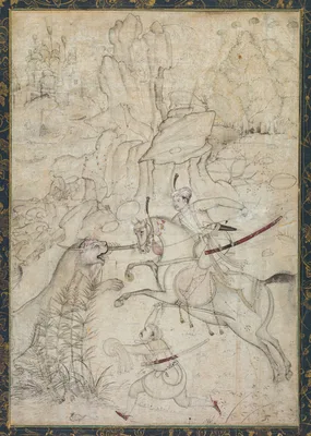 A Mounted Prince Hunting Lion in a Rocky Landscape — Khem Karan
