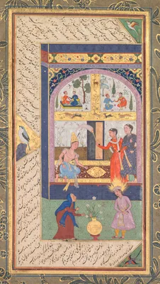 Zulaykha in her palace and as an elderly woman with Joseph (recto), from a Panj Ganj (Five Treasures) of Abd al- Rahman Jami (Persian, 1414–1492) — Mushfiq