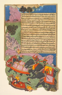 Ghatotkacha and three demons in his company chase Bhagadatta, from Bhishma-parva (volume six) of a Razm-nama (Book of Wars) adapted from the Sanskrit Mahabharata and translated into Persian by Mir Ghiyath al-Din Ali Qazvini, known as Naqib Khan (Persian, d. 1614) — Fazl