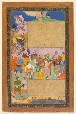 A charioteer riding through a rocky landscape with an entourage of footmen and musicians, page from a Razm-nama (Book of Wars) adapted from the Sanskrit Mahabharata and translated into Persian by Mir Ghiyath al-Din Ali Qazvini, known as Naqib Khan (Persian, d. 1614) — Yusuf Ali