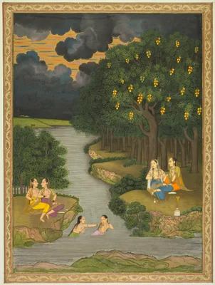 Women enjoying the river at the forest’s edge (recto) and flowering marigold (verso) — Hunhar II