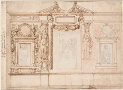 Design for a Wall Decoration with Pasted-in Sketches after Raphael (verso) — Federico Zuccari
