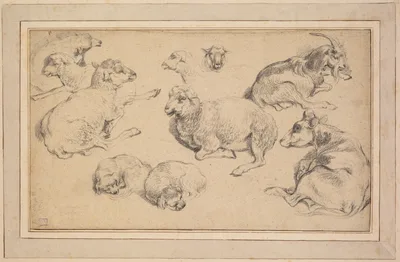 Sheet of Studies with Sheep, Goats, and Dogs — Jean-Baptiste Huet