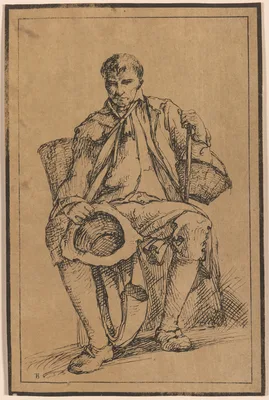 Forty Lithographic Impressions from Drawings of Landscape Scenery by Thomas Barker, Selected from His Studies of Rustic Figures after Nature: Seated Man with Baskets Holding Hat and Walking Stick — Thomas Barker