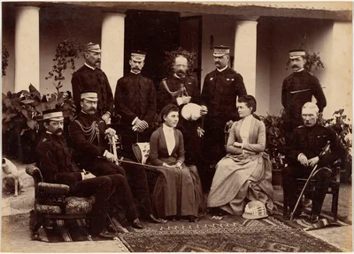 The Duke and Duchess of Connaught, with Col. Adam, Captain H.V. Benett, Col. Becher, Gen. Knowles, Captain Herbert, Col. Cavaye, Mrs. Cavaye, and Gen. R. Gellispie, Mhow — Lala Deen Dayal