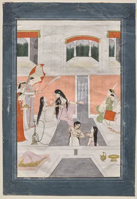 Palace women enjoy music by the side of a cascade