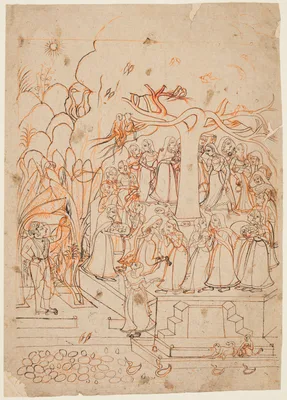 Krishna watches the milkmaids  circumambulating a sacred tree: The month of Jyestha (May–June), from a Barahmasa (The Twelve Months)