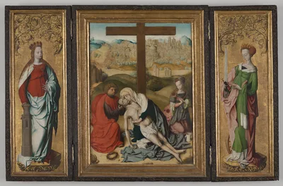 Triptych with The Lamentation of Christ (center), St. Barbara (left wing), St. Catherine of Alexandria (right wing), The Annunciation (reverse wings) — Master of the Krainburg Altar