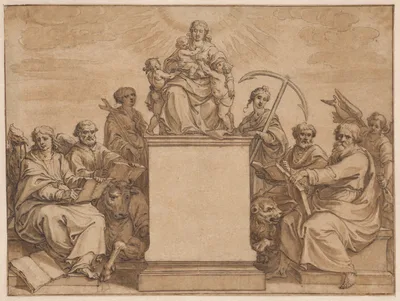 The Three Theological Virtures: Faith, Hope, and Charity, Surrounded by the Four Evangelists — Pieter de Jode I