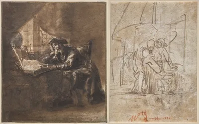 An Old Man Seated at a Table, His Head Resting on His Right Hand (recto); The Healing of Tobit (verso) — Ferdinand Bol