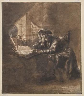 An Old Man Seated at a Table, His Head Resting on His Right Hand (recto) — Ferdinand Bol