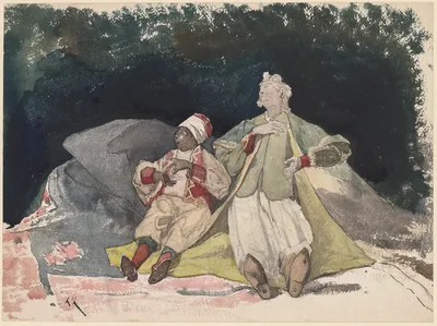 Two Dolls or Puppets Sitting on Cushions — Henri Harpignies