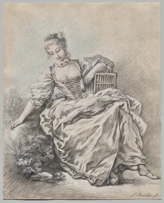 Seated Woman Holding a Bird Cage — François Boucher