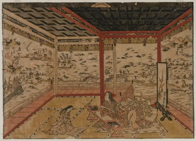 Lady Murasaki at Ishiyama Overlooking a Panorama with Eight Views of Lake Biwa — Okumura Masanobu