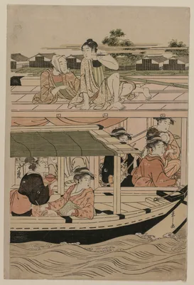 Print from Pleasure Boats on the Sumida River beneath Shin-Ōhashi Bridge — Hosoda Eishi