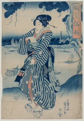 Geisha Standing on the Bank of the Sumida River (from the series People Who Like the Latest Fashions and Manners) — Kuniyoshi Utagawa