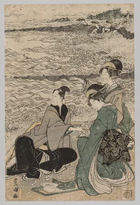 Man and Two Women at the Sea Shore — Utagawa Toyokuni I