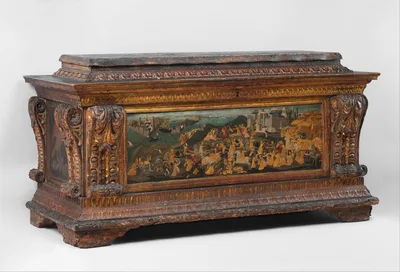 Cassone with painted front panel depicting the Conquest of Trebizond — Apollonio di Giovanni di Tomaso · Marco del Buono Giamberti