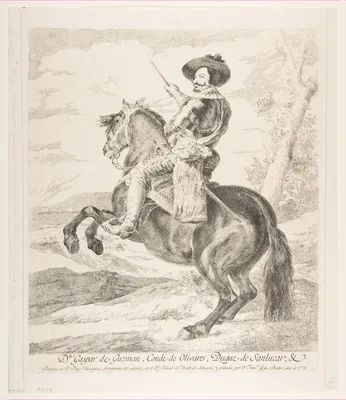 Gaspar de Guzmán, Count Duke of Olivares on horseback, after Velázquez — Velázquez (Diego Rodríguez de Silva y Velázquez) · Goya (Francisco de Goya y Lucientes)
