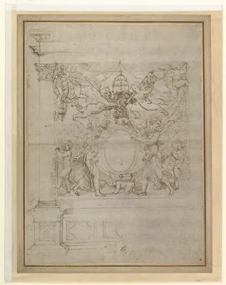 A Tabernacle Containing a Papal Escutcheon Supported by Angels — Giulio Romano